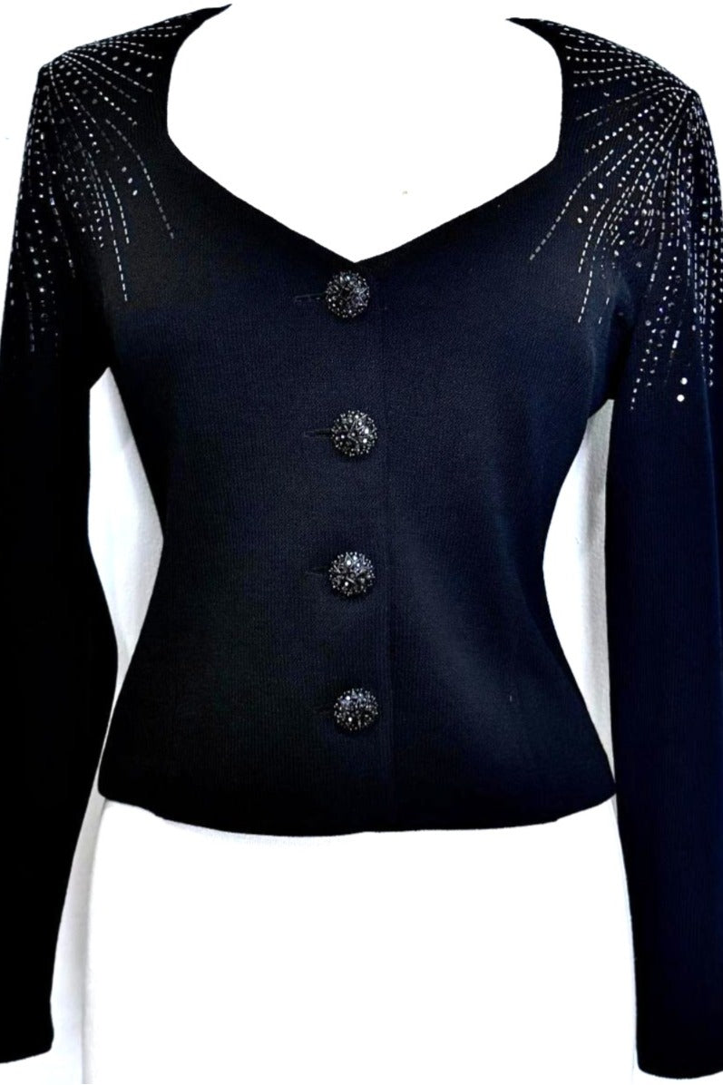 St. John Black Santana Knit Evening Jacket – Paillette Design & Crystal Buttons - Size 4