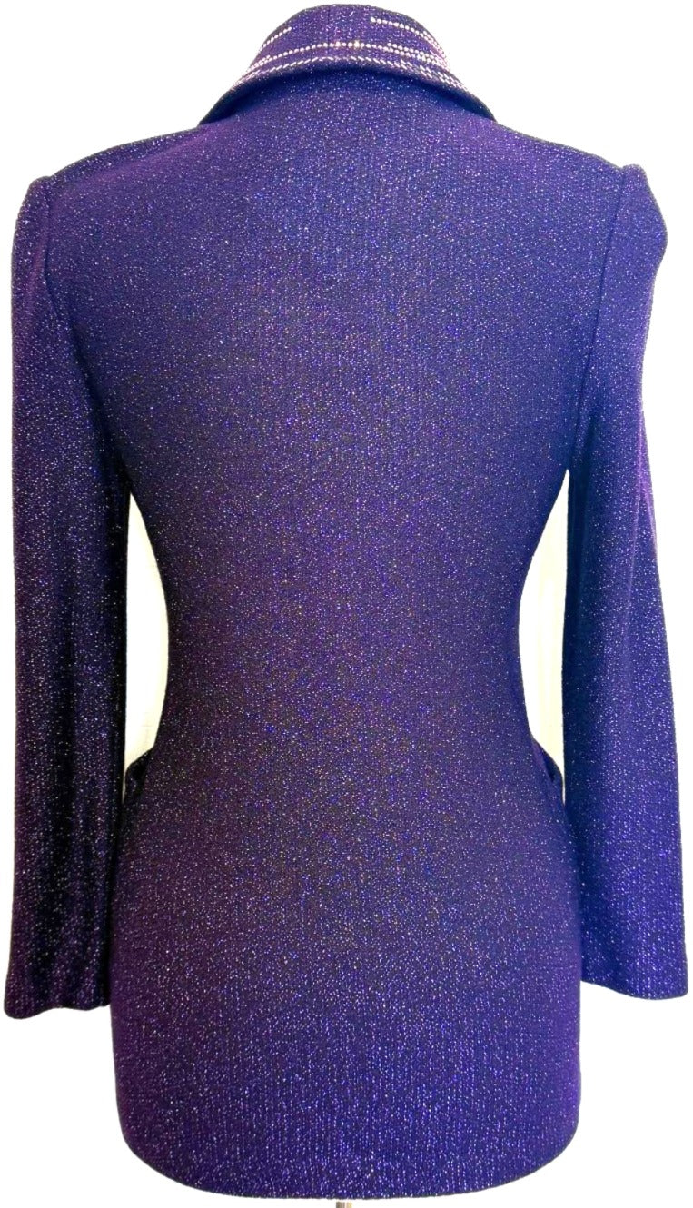 St. John Long Evening Jacket – Purple Santana Knit with Metallic Thread, Paillettes, and Pockets - Size 2