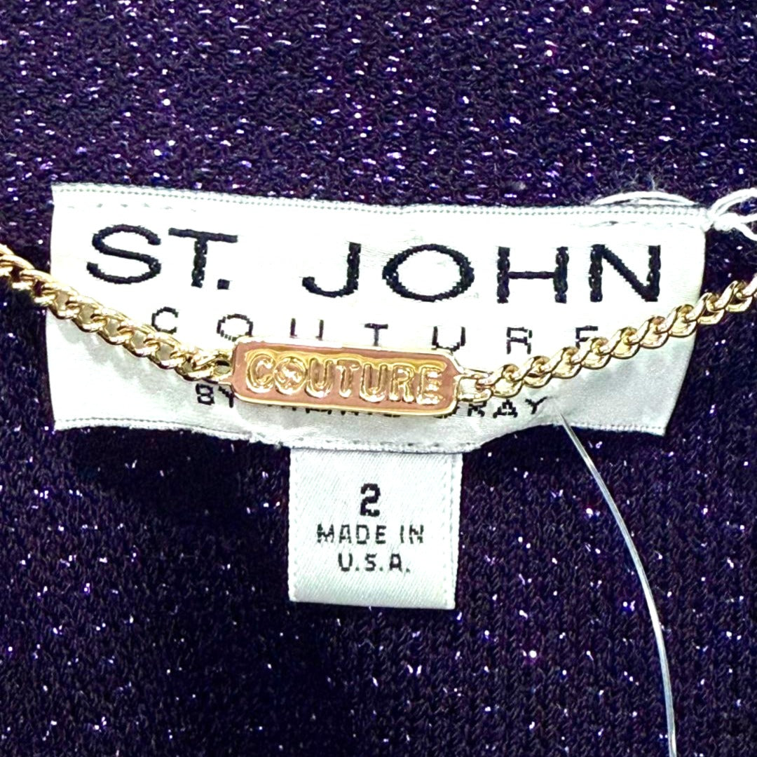 St. John Long Evening Jacket – Purple Santana Knit with Metallic Thread, Paillettes, and Pockets - Size 2