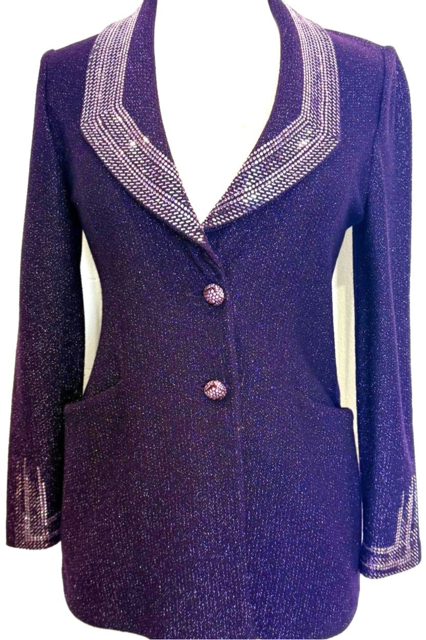 St. John Long Evening Jacket – Purple Santana Knit with Metallic Thread, Paillettes, and Pockets - Size 2