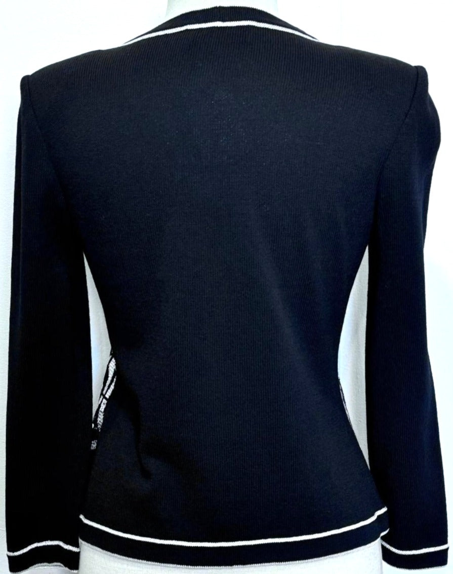 St. John Black Santana Knit Evening Jacket – Silver Paillette Circle Design & Zipper Closure - Size 2