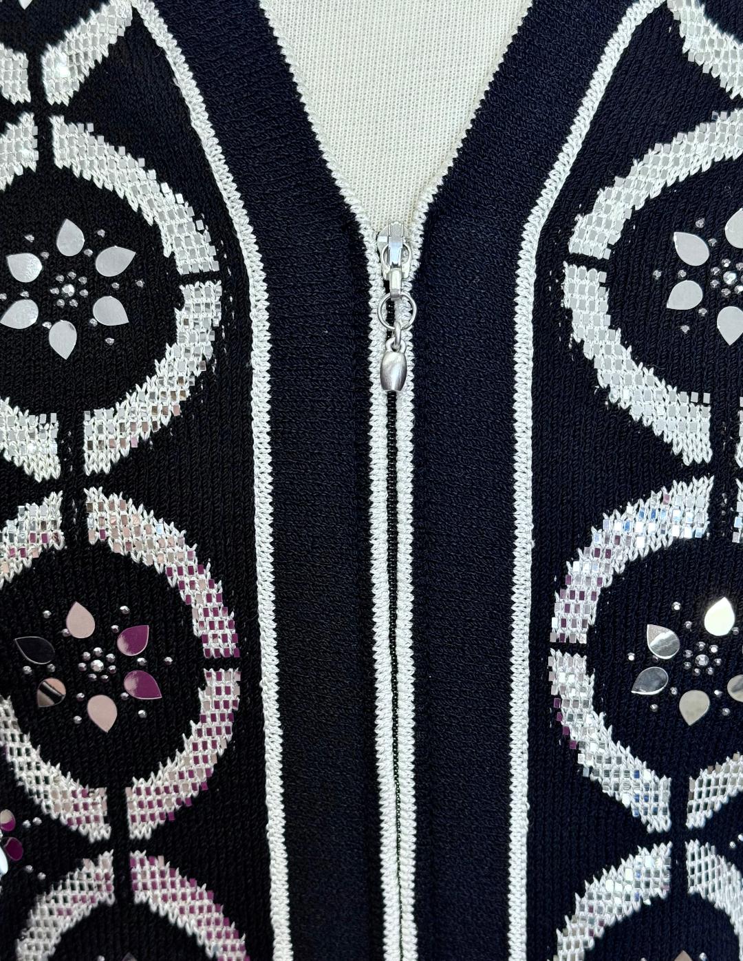 St. John Black Santana Knit Evening Jacket – Silver Paillette Circle Design & Zipper Closure - Size 2