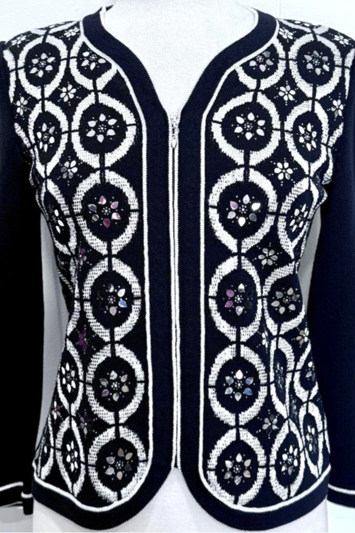 St. John Black Santana Knit Evening Jacket – Silver Paillette Circle Design & Zipper Closure - Size 2