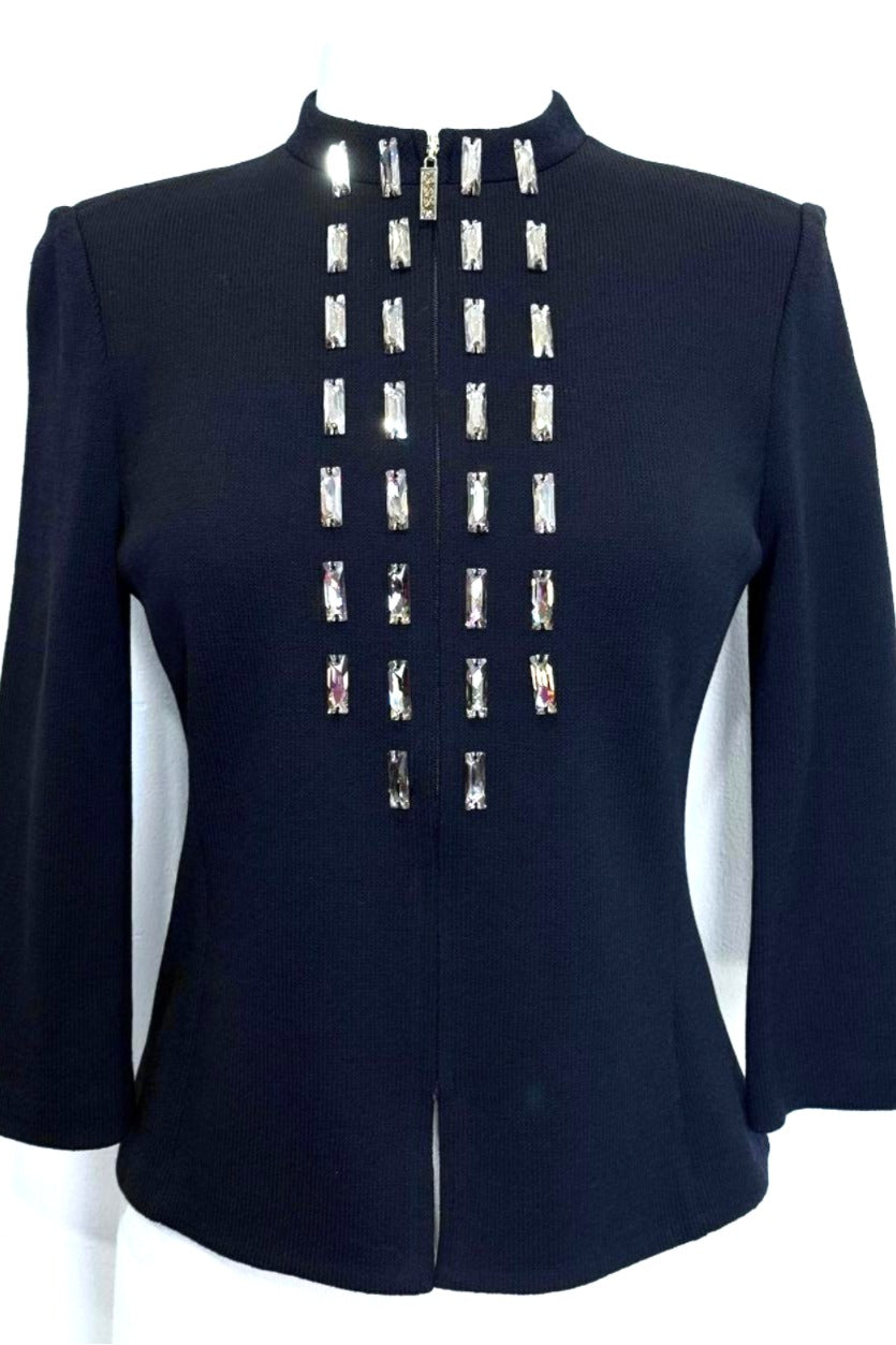 St. John Black Santana Knit Jacket – Gold Stone Embellishment & Crystal Zipper Pull - Size 4