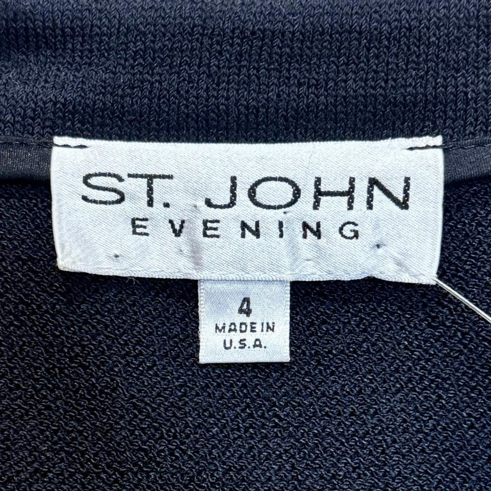 St. John Black Santana Knit Jacket – Gold Stone Embellishment & Crystal Zipper Pull - Size 4