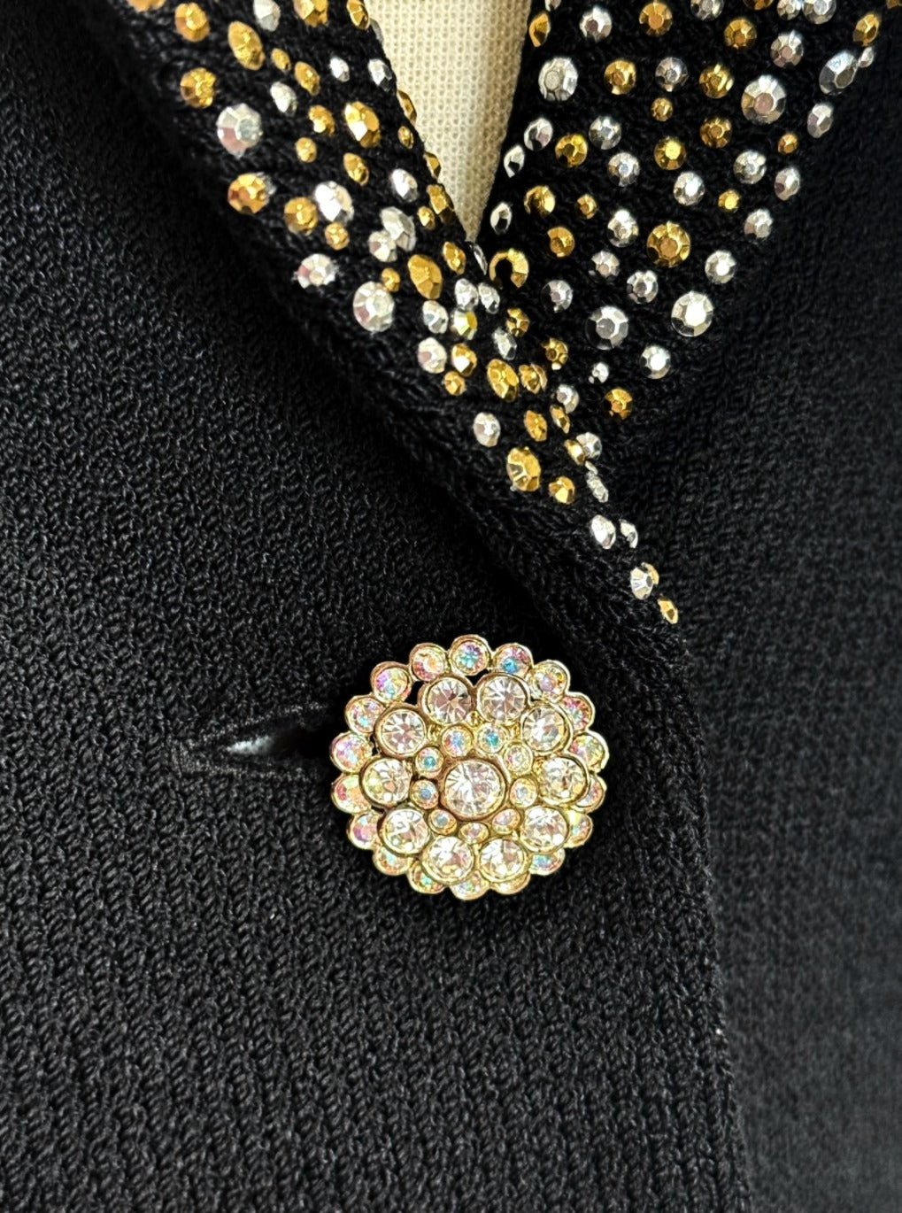 St. John Black Santana Knit Evening Jacket – Gold & Silver Paillette Studs - Size 4