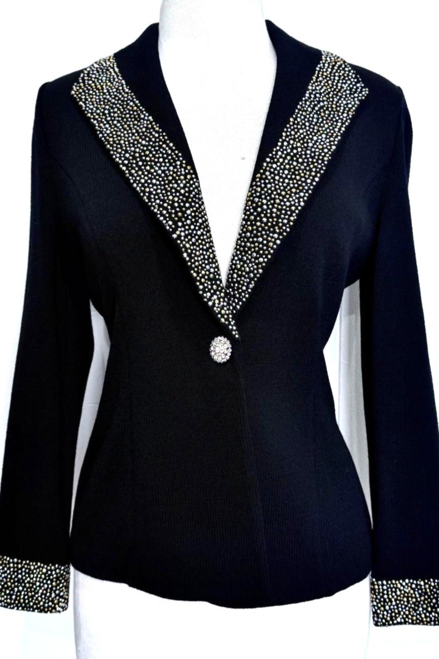 St. John Black Santana Knit Evening Jacket – Gold & Silver Paillette Studs - Size 4