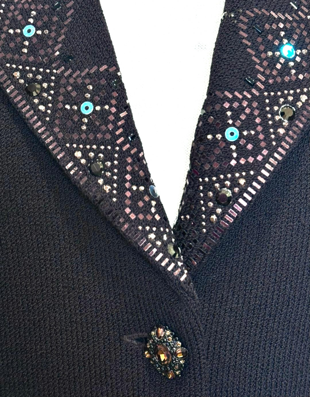 St. John Dark Brown Santana Knit Evening Jacket – Brown Paillettes & Crystal Ember Buttons - Size 2