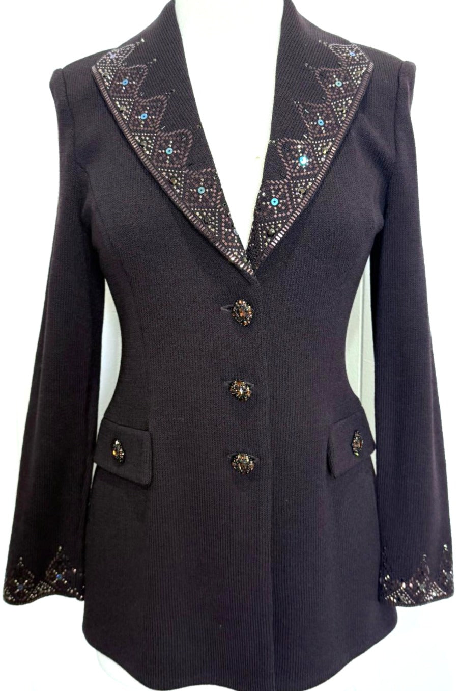 St. John Dark Brown Santana Knit Evening Jacket – Brown Paillettes & Crystal Ember Buttons - Size 2
