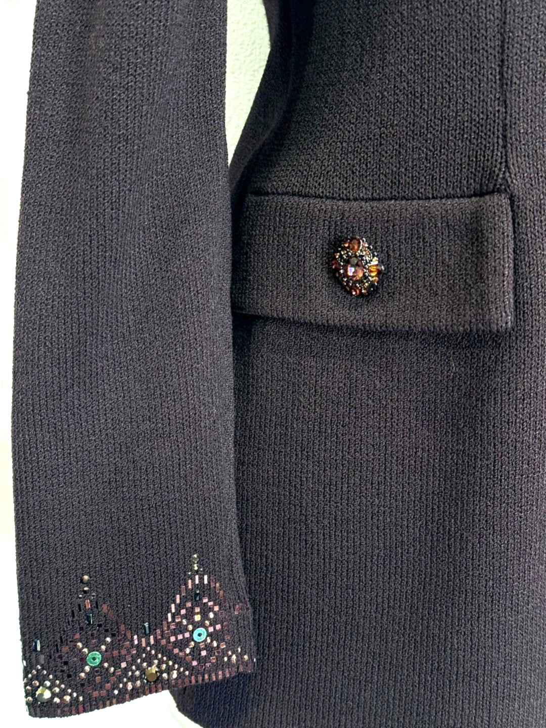 St. John Dark Brown Santana Knit Evening Jacket – Brown Paillettes & Crystal Ember Buttons - Size 2