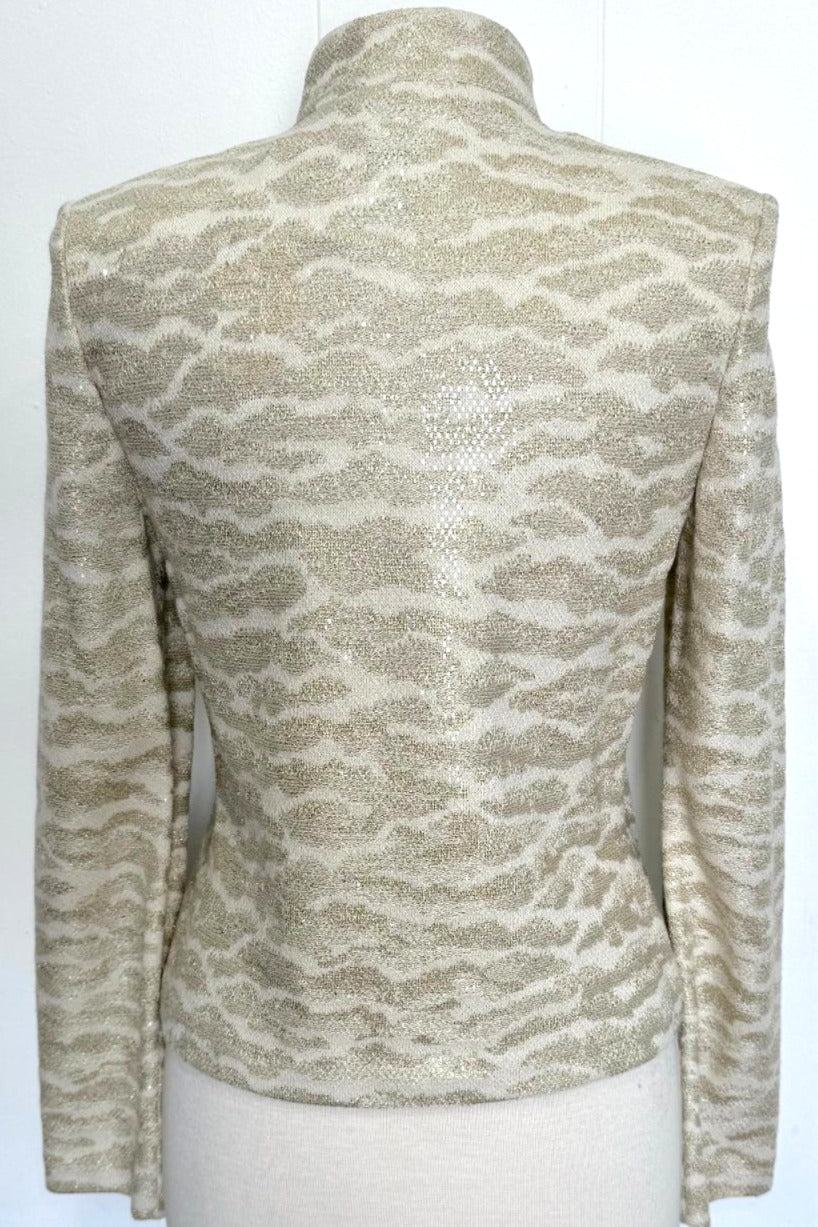 St. John Gold & Off-White Evening Jacket – Mandarin Collar & Crystal Zipper Pull - Size 6 - NWT
