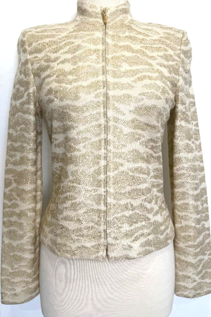 St. John Gold & Off-White Evening Jacket – Mandarin Collar & Crystal Zipper Pull - Size 6 - NWT