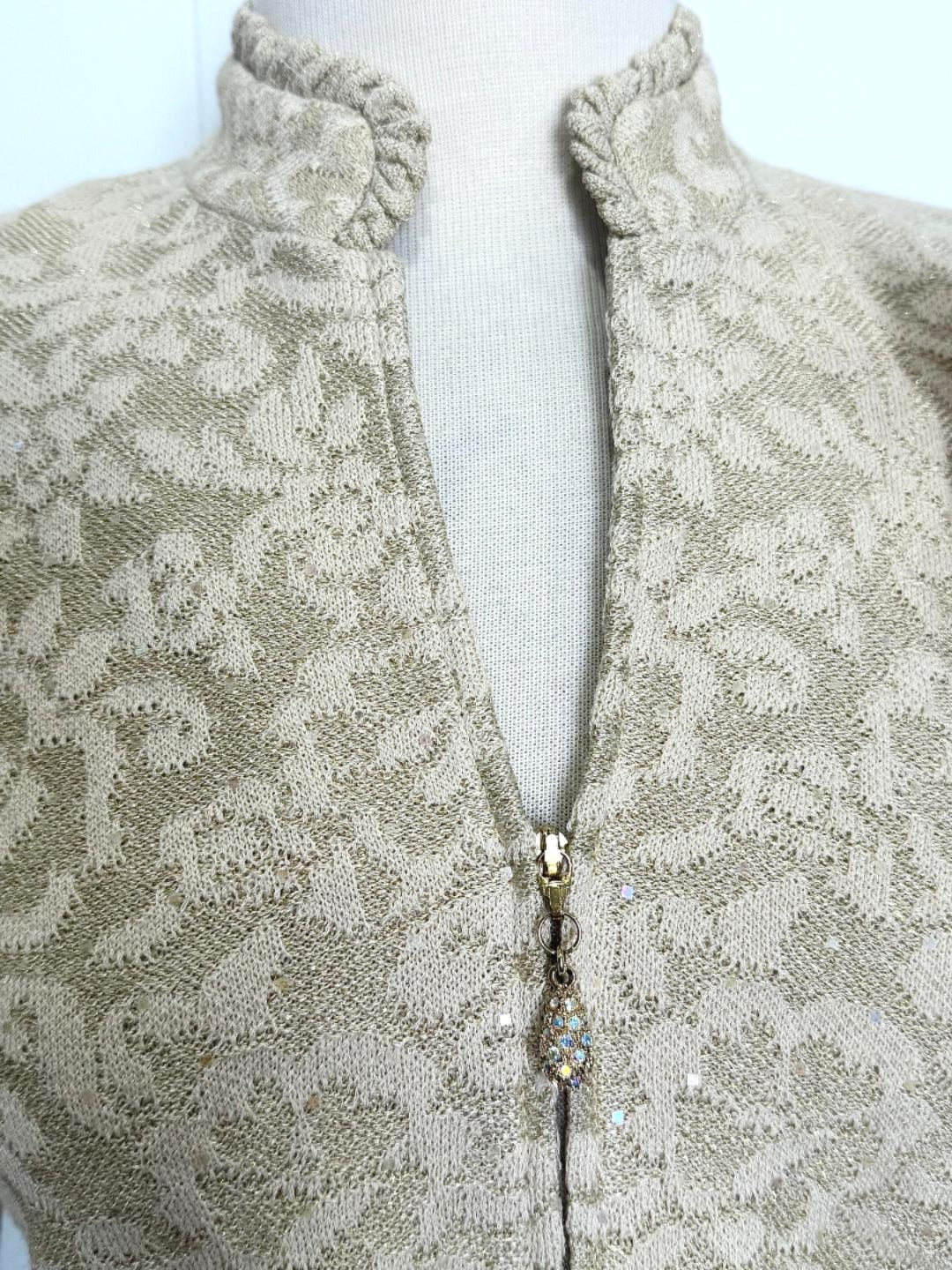 St. John Beige & Gold Novelty Yarn Evening Jacket – Paillettes, Mandarin Collar & Matching Knit Flower Pin - Size 6