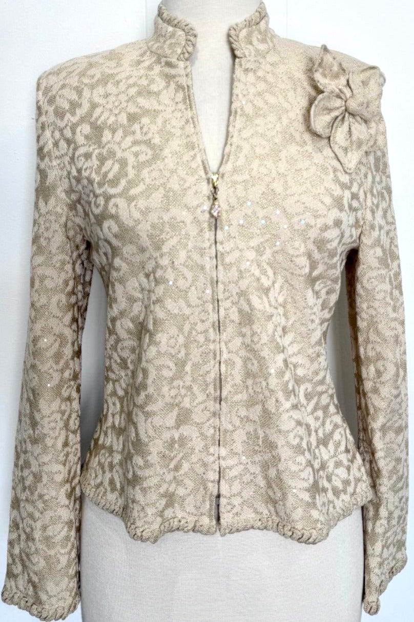 St. John Beige & Gold Novelty Yarn Evening Jacket – Paillettes, Mandarin Collar & Matching Knit Flower Pin - Size 6