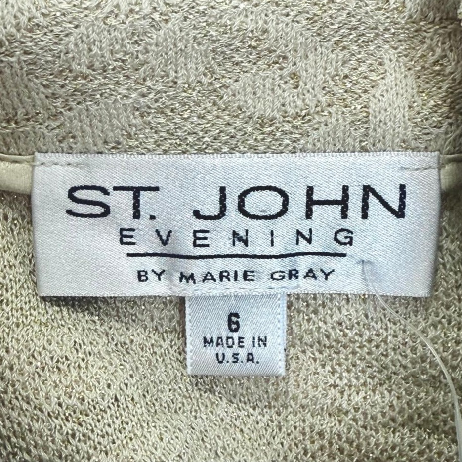 St. John Beige & Gold Novelty Yarn Evening Jacket – Paillettes, Mandarin Collar & Matching Knit Flower Pin - Size 6