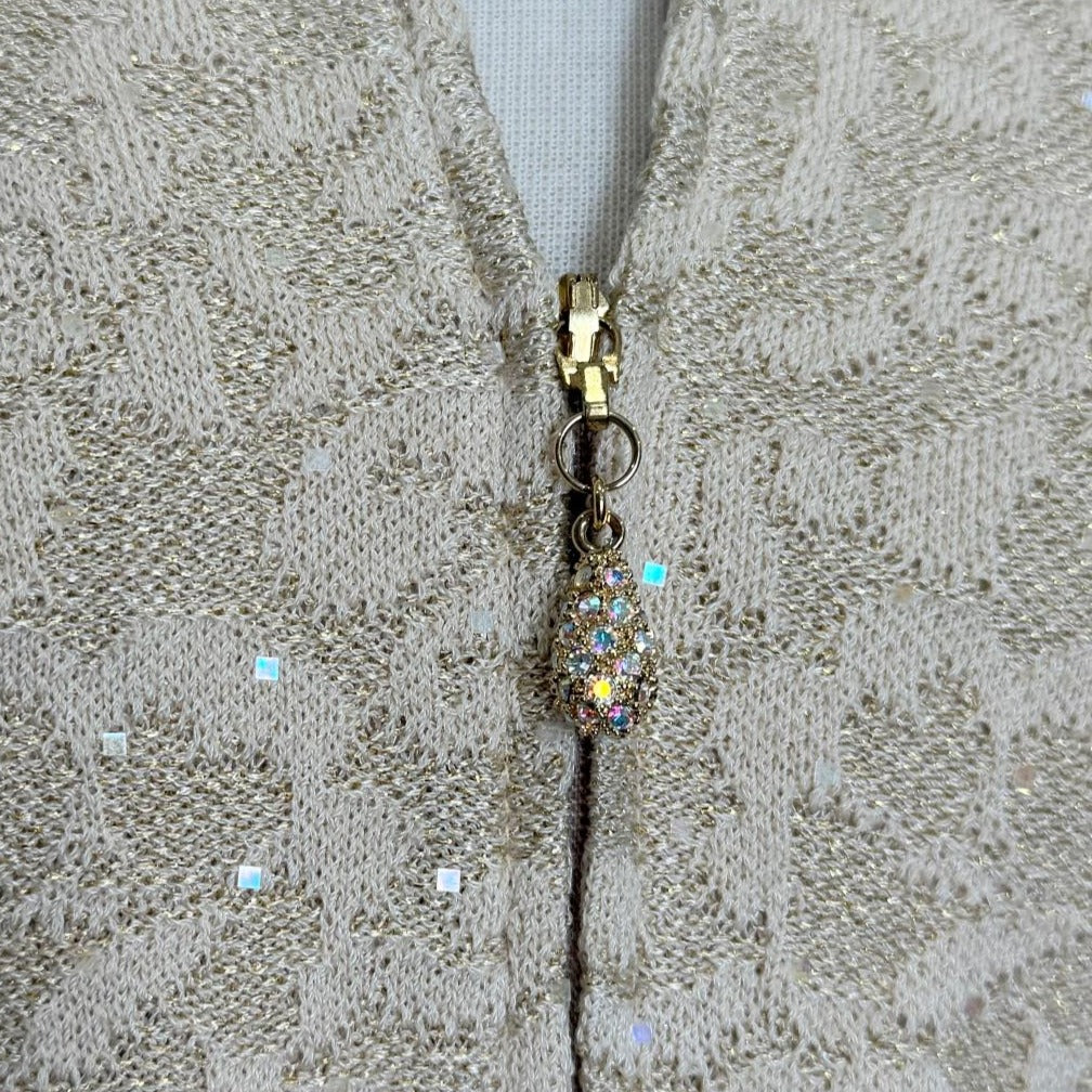 St. John Beige & Gold Novelty Yarn Evening Jacket – Paillettes, Mandarin Collar & Matching Knit Flower Pin - Size 6
