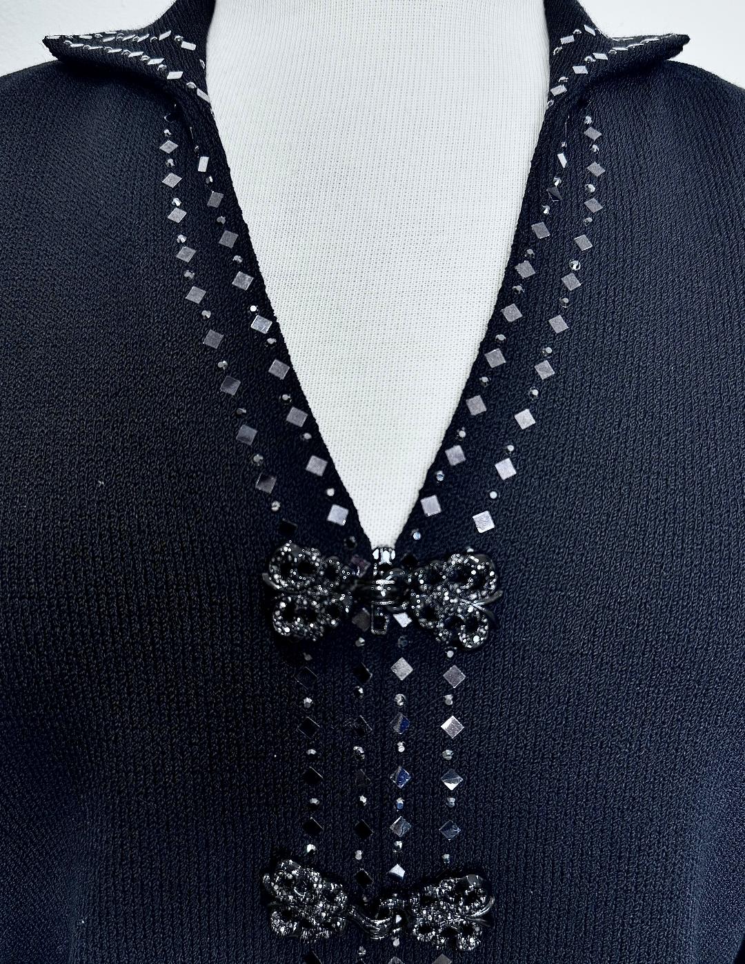 St. John Black Santana Knit Evening Jacket – Crystal Accents & Paillette Trim - Size 6