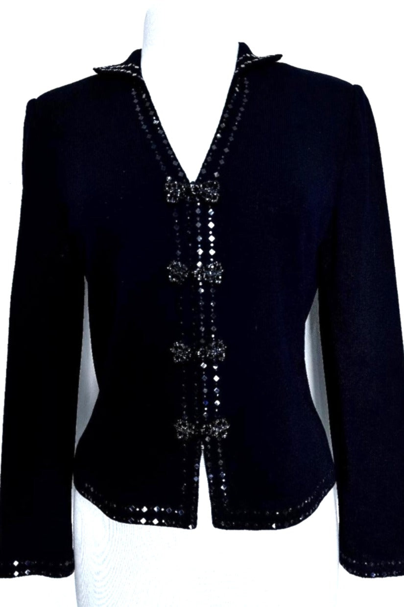 St. John Black Santana Knit Evening Jacket – Crystal Accents & Paillette Trim - Size 6