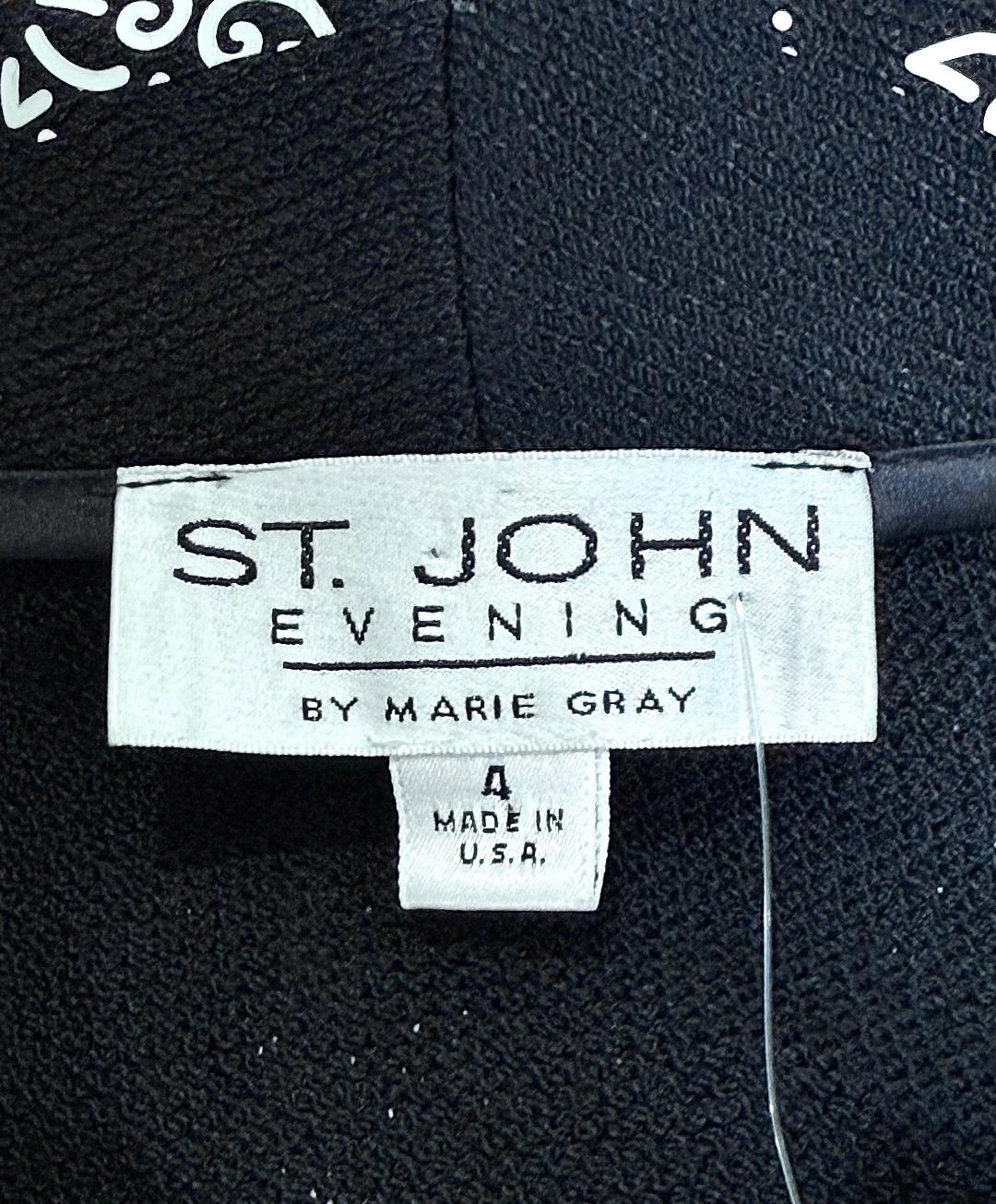 St. John Black Santana Knit Evening Jacket – White Floral Appliqués & Crystal Accents - Size 4