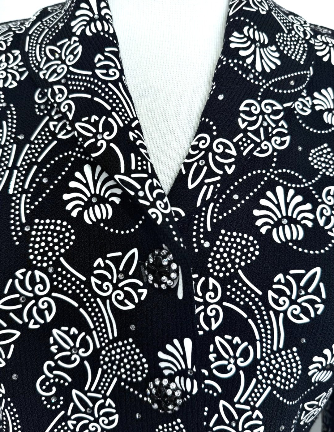 St. John Black Santana Knit Evening Jacket – White Floral Appliqués & Crystal Accents - Size 4