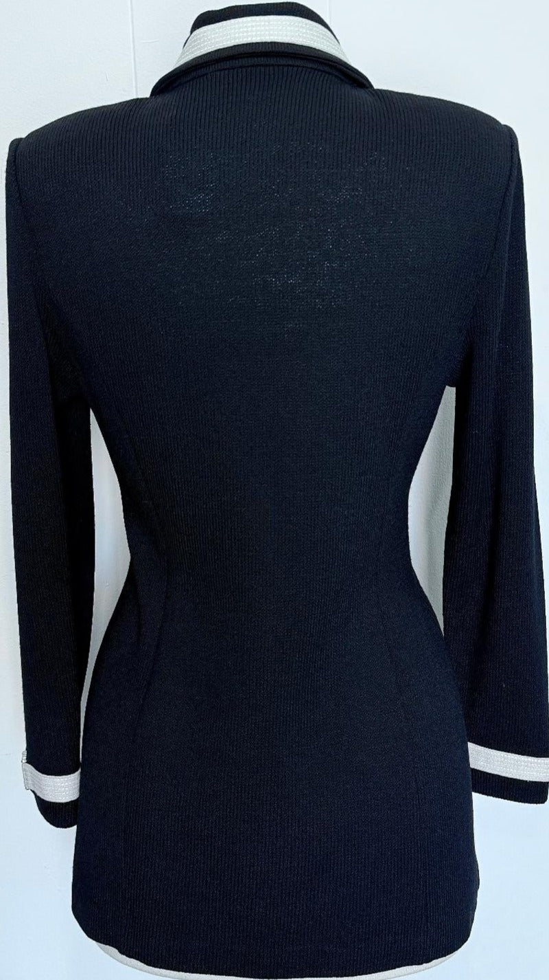 St. John Long Black Santana Knit Evening Jacket – Off-White Contrast & Crystal Details - Size 4