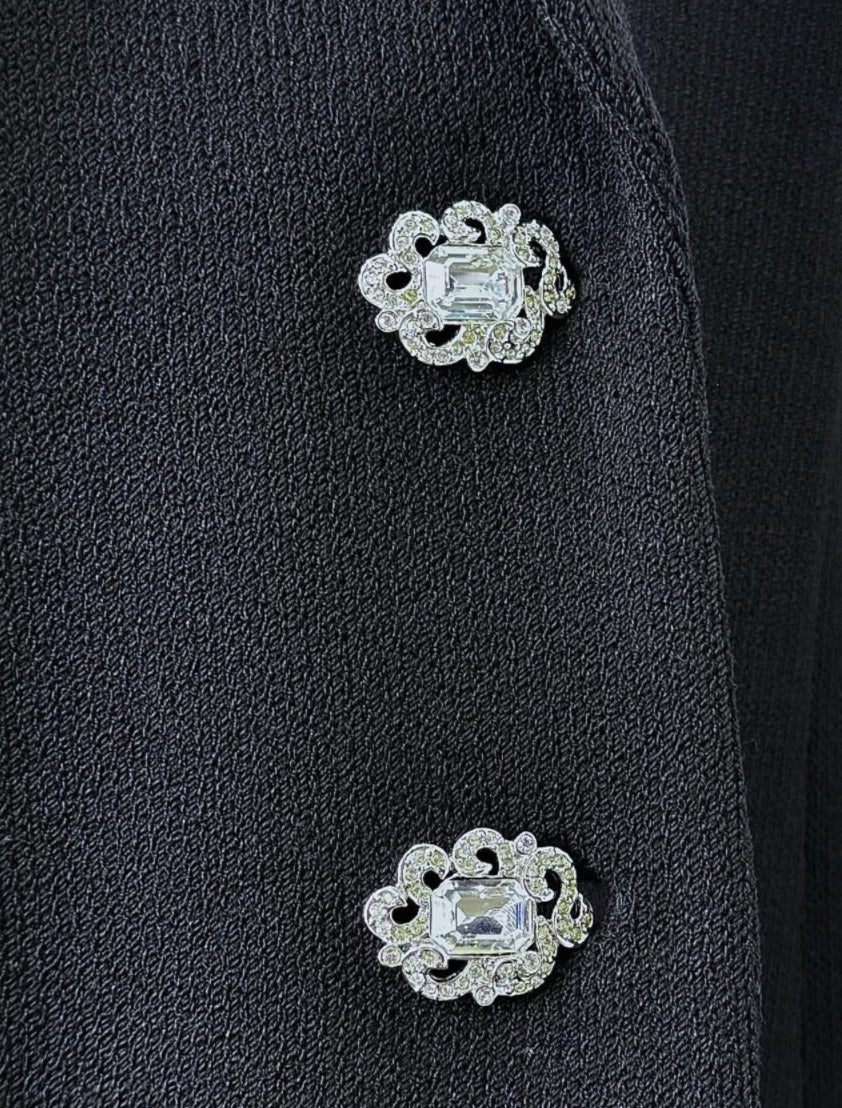 St. John Long Black Santana Knit Evening Jacket – Off-White Contrast & Crystal Details - Size 4