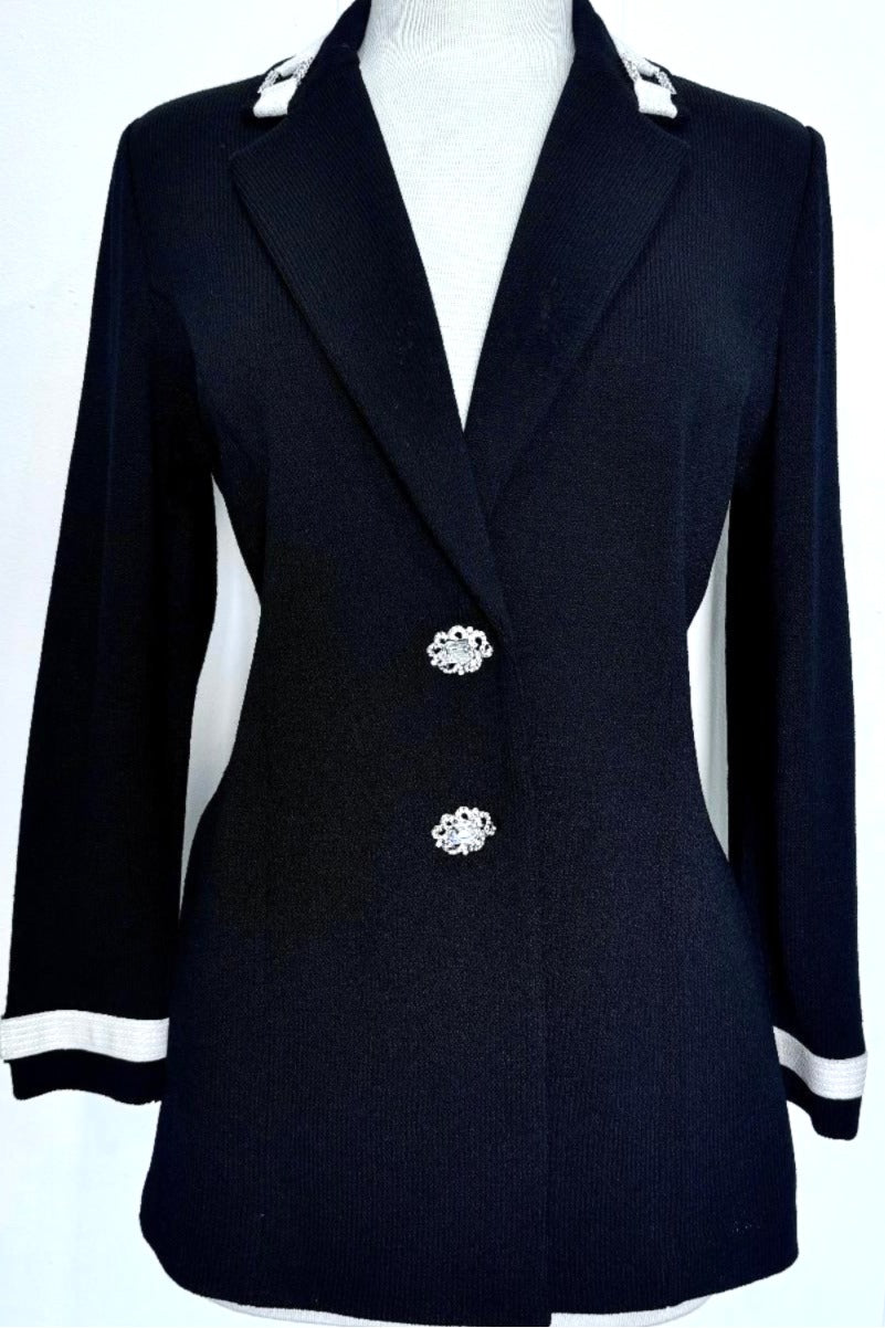 St. John Long Black Santana Knit Evening Jacket – Off-White Contrast & Crystal Details - Size 4