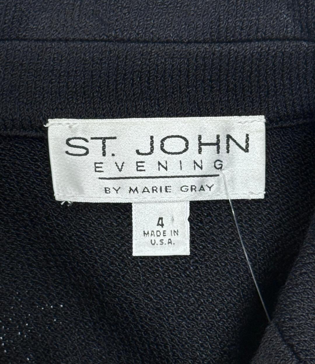 St. John Long Black Santana Knit Evening Jacket – Off-White Contrast & Crystal Details - Size 4