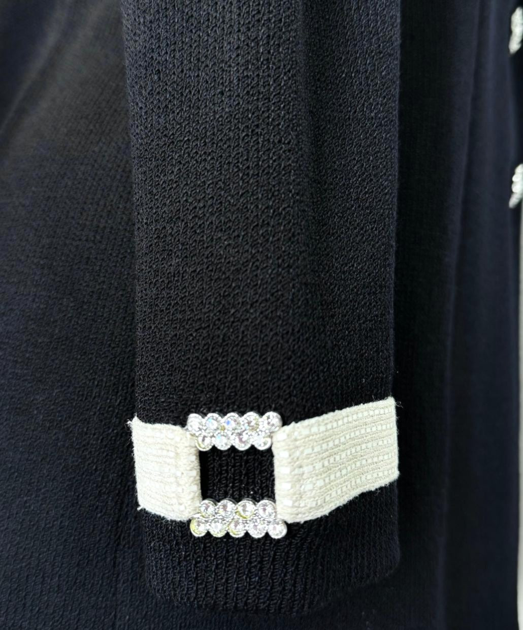 St. John Long Black Santana Knit Evening Jacket – Off-White Contrast & Crystal Details - Size 4