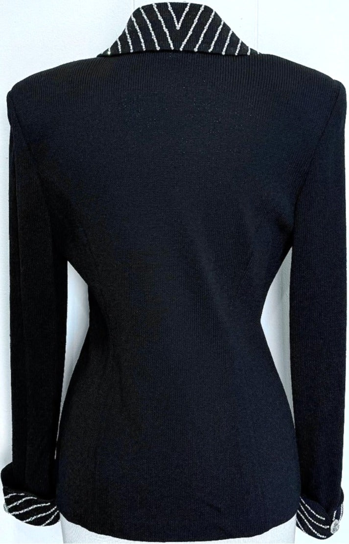 St. John Black Santana Knit Evening Jacket – Crystal & Pearl Paillettes with Elegant Detailing - Size 6