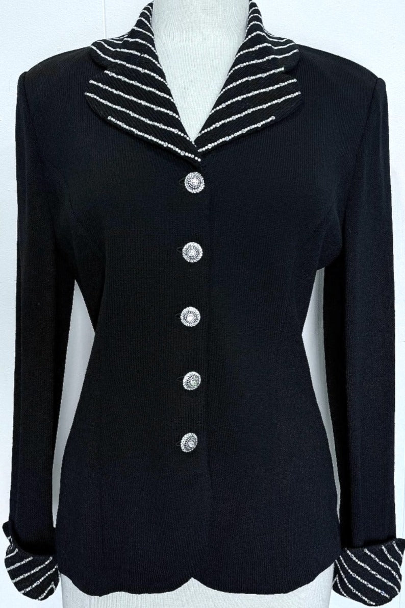 St. John Black Santana Knit Evening Jacket – Crystal & Pearl Paillettes with Elegant Detailing - Size 6