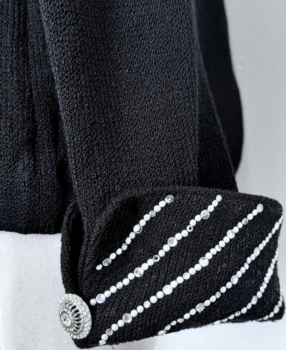 St. John Black Santana Knit Evening Jacket – Crystal & Pearl Paillettes with Elegant Detailing - Size 6
