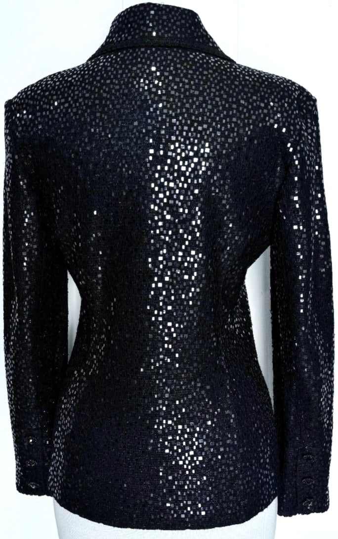 St. John Black Santana Knit Evening Jacket – Shiny Paillette Embellishment & Crystal Buttons - Size 6