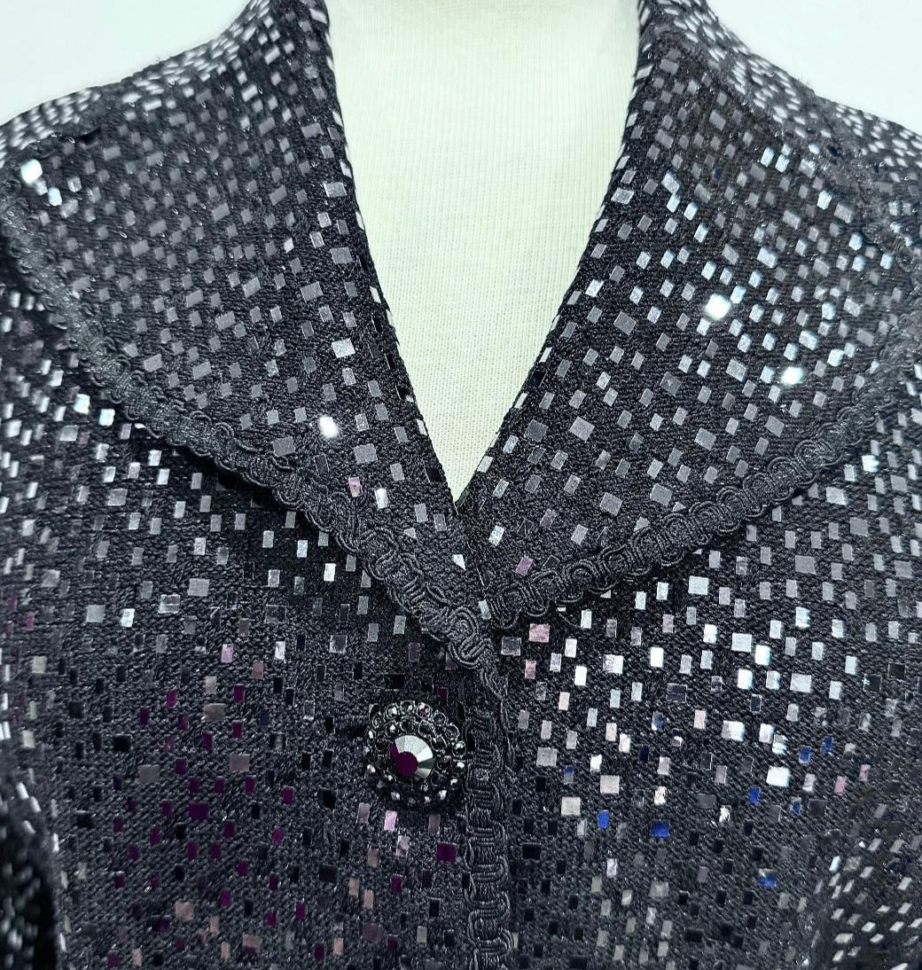 St. John Black Santana Knit Evening Jacket – Shiny Paillette Embellishment & Crystal Buttons - Size 6