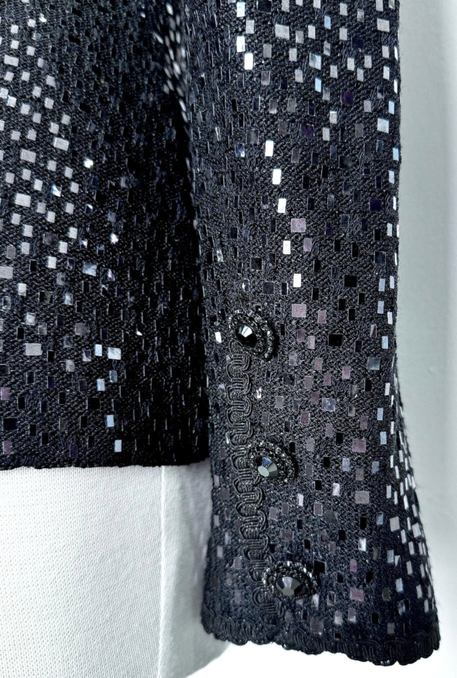 St. John Black Santana Knit Evening Jacket – Shiny Paillette Embellishment & Crystal Buttons - Size 6