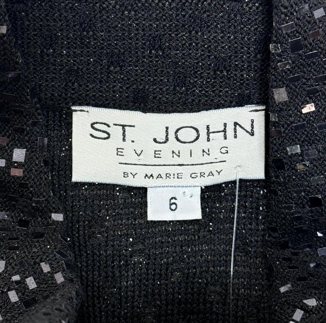 St. John Black Santana Knit Evening Jacket – Shiny Paillette Embellishment & Crystal Buttons - Size 6