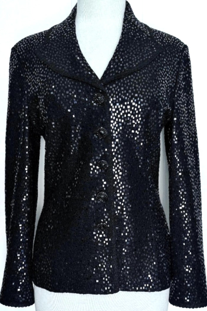 St. John Black Santana Knit Evening Jacket – Shiny Paillette Embellishment & Crystal Buttons - Size 6
