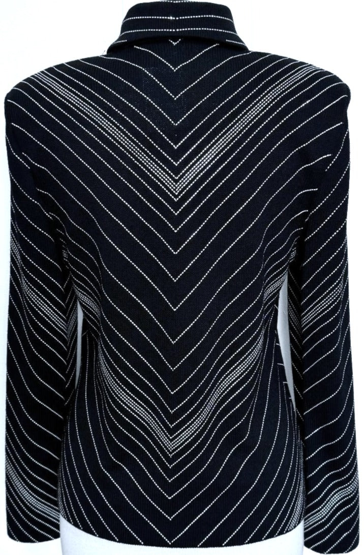 St. John Black Santana Knit Evening Jacket – White Striped Design & Crystal Zipper Pull - Size 6