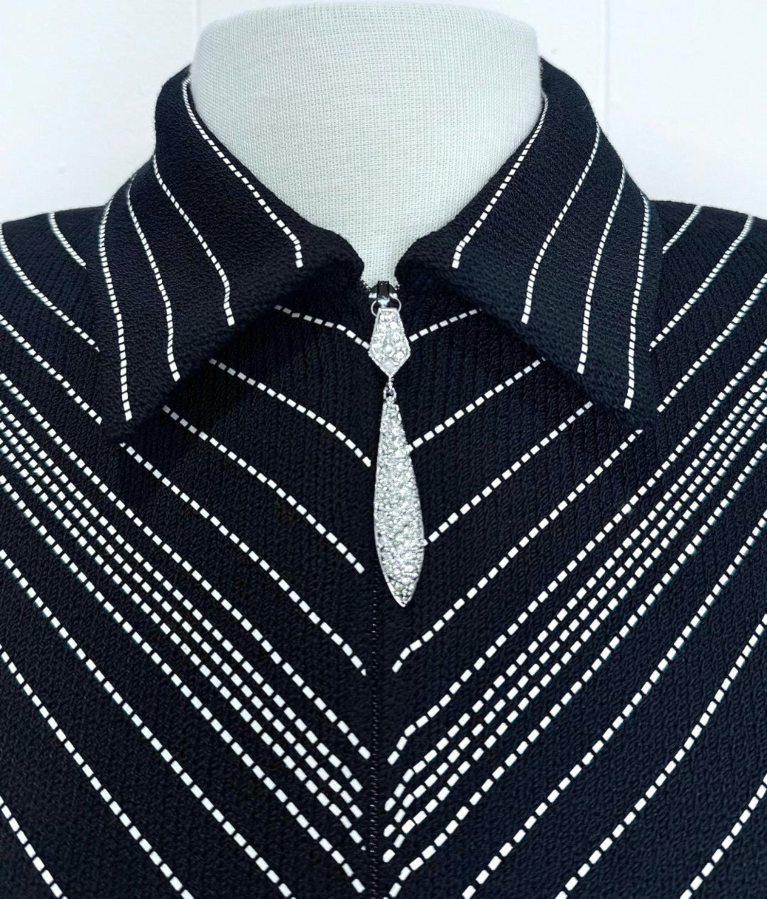 St. John Black Santana Knit Evening Jacket – White Striped Design & Crystal Zipper Pull - Size 6