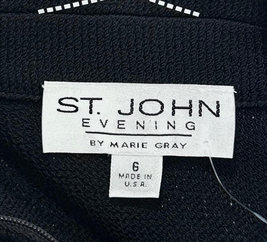 St. John Black Santana Knit Evening Jacket – White Striped Design & Crystal Zipper Pull - Size 6