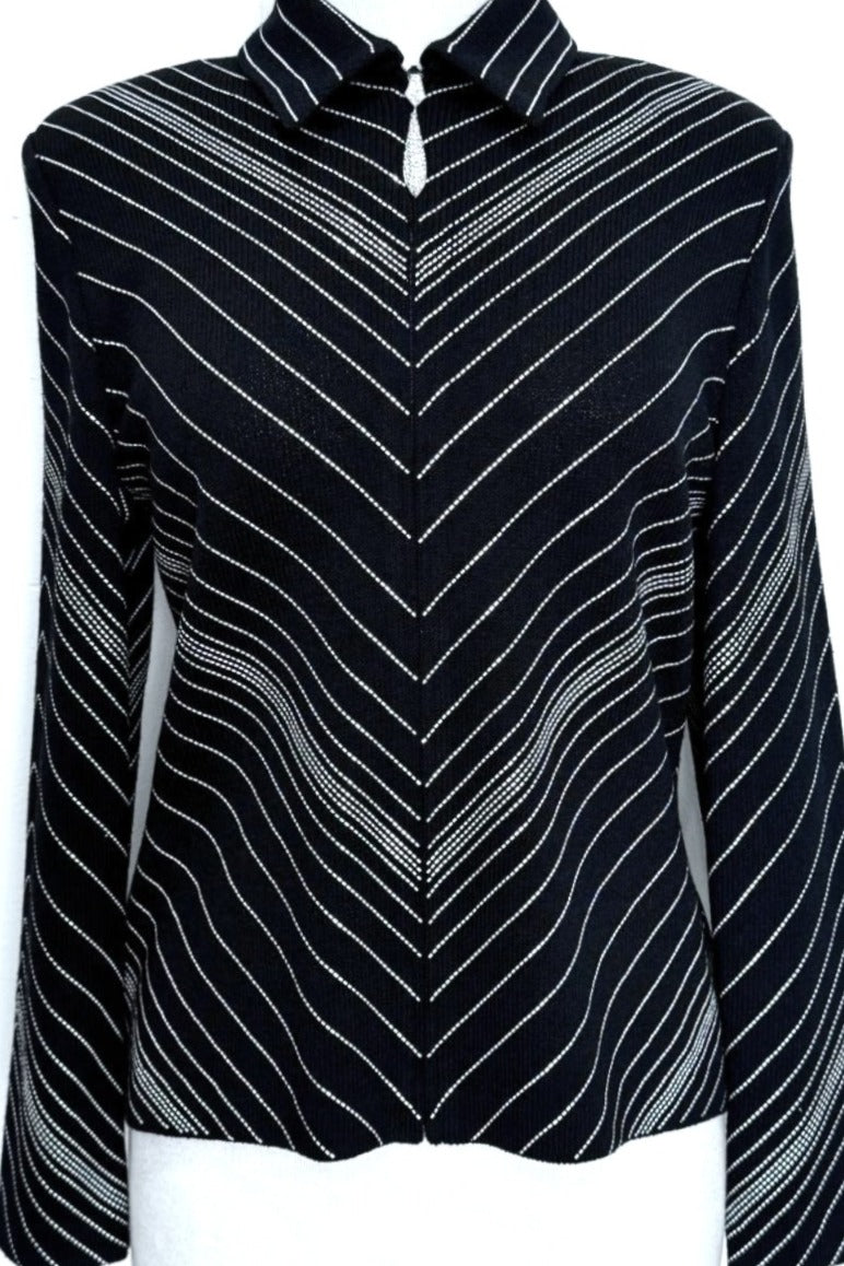 St. John Black Santana Knit Evening Jacket – White Striped Design & Crystal Zipper Pull - Size 6