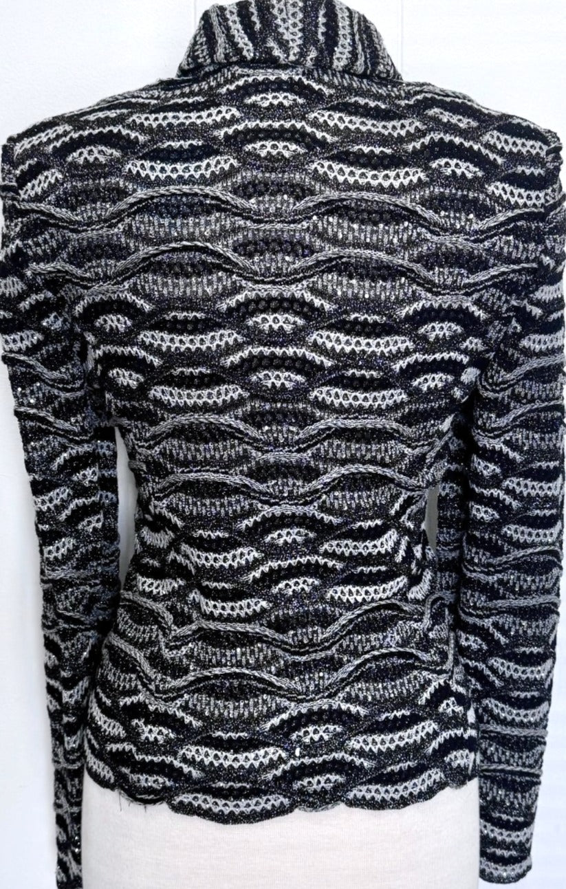 St. John Black & Silver Shimmer Knit Evening Jacket – Crystal Paillettes & Scalloped Hem - Size 6