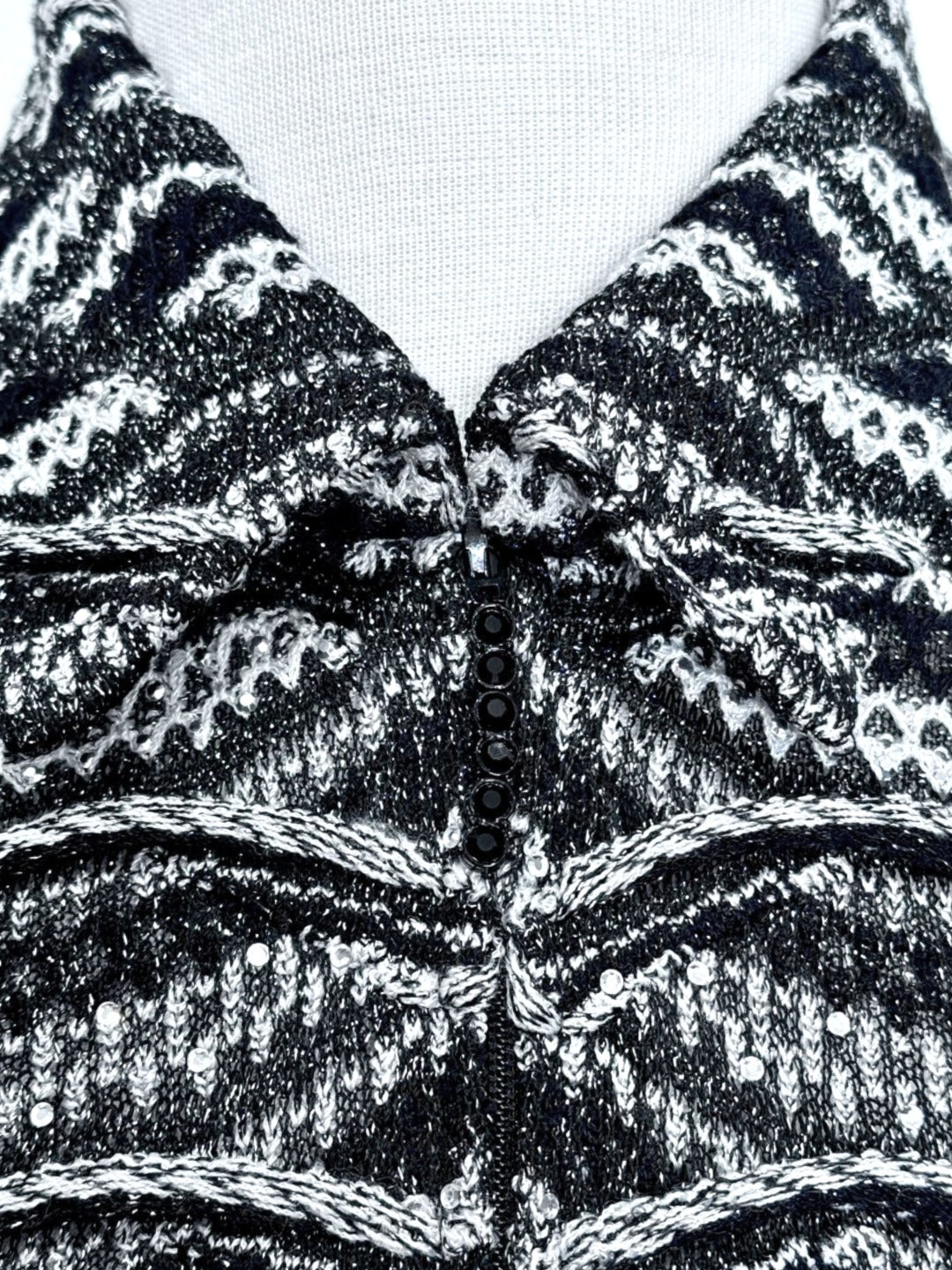 St. John Black & Silver Shimmer Knit Evening Jacket – Crystal Paillettes & Scalloped Hem - Size 6