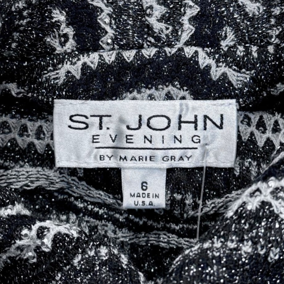 St. John Black & Silver Shimmer Knit Evening Jacket – Crystal Paillettes & Scalloped Hem - Size 6