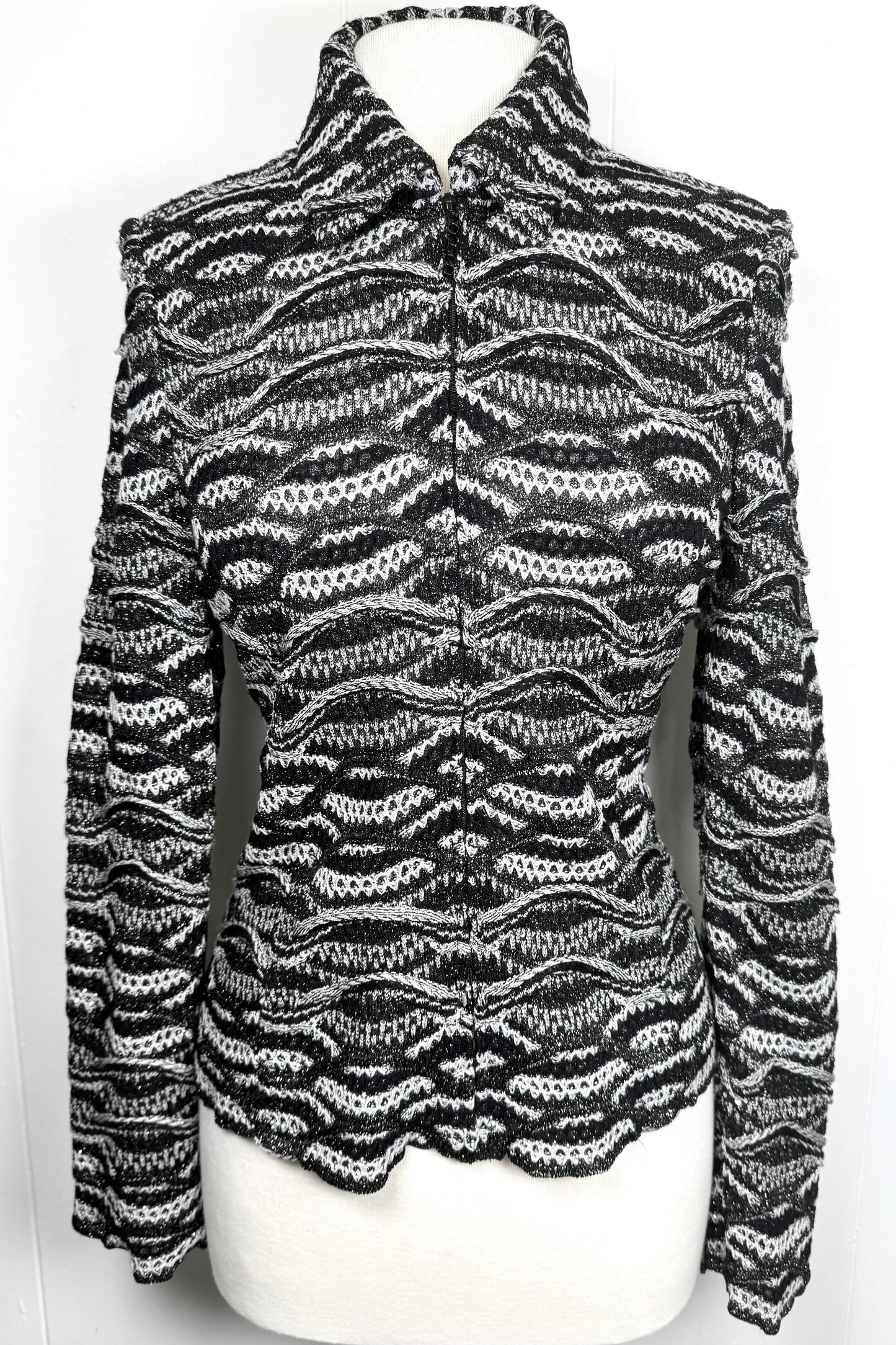 St. John Black & Silver Shimmer Knit Evening Jacket – Crystal Paillettes & Scalloped Hem - Size 6