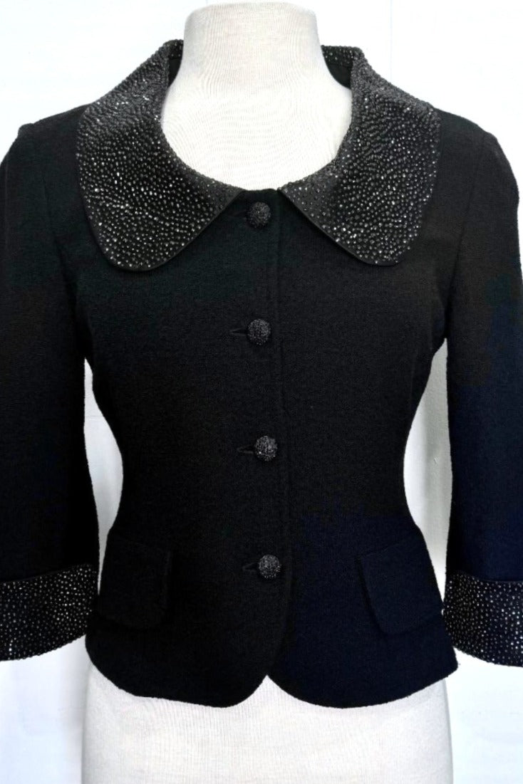 St. John Black Novelty Knit Evening Jacket – Paillette Studs & Crystal Buttons - Size 6