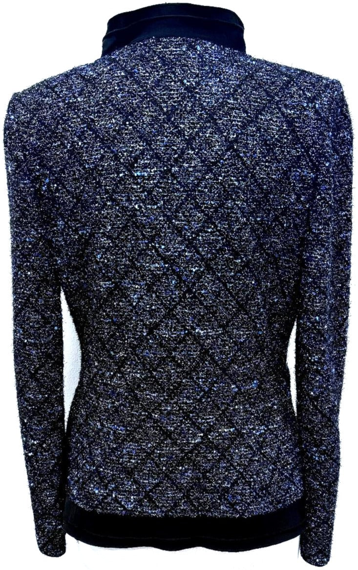 St. John Multicolor Open Jacket – Black, Blue & Silver with Silk Trim - Size 6