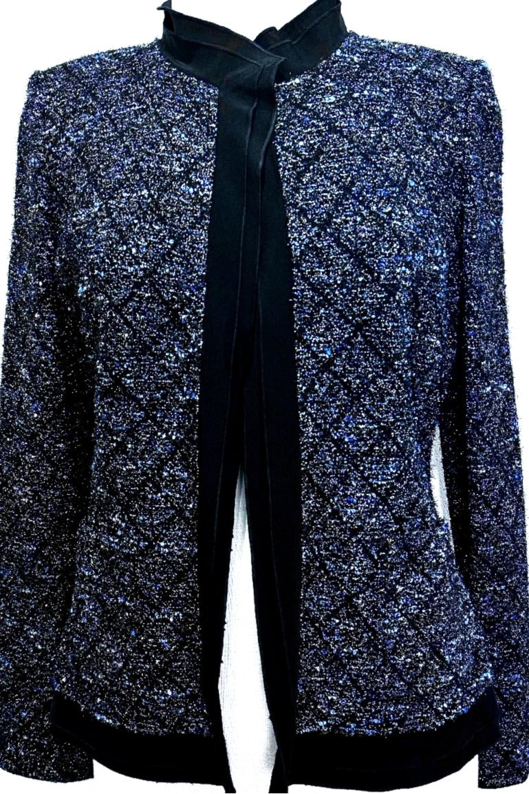 St. John Multicolor Open Jacket – Black, Blue & Silver with Silk Trim - Size 6