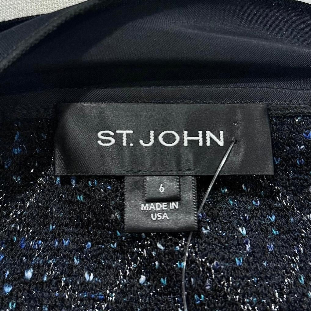 St. John Multicolor Open Jacket – Black, Blue & Silver with Silk Trim - Size 6