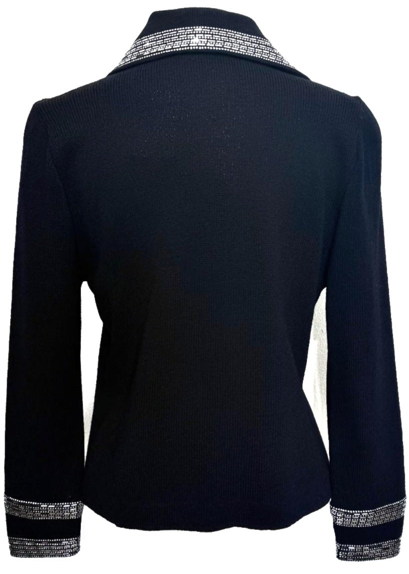 St. John Double-Breasted Black Jacket – Crystal Buttons & Silver Paillette Trim - Size 8